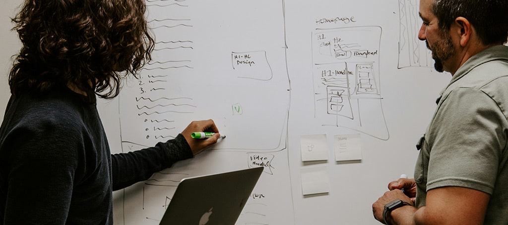 Two people doing business analysis on a whiteboard