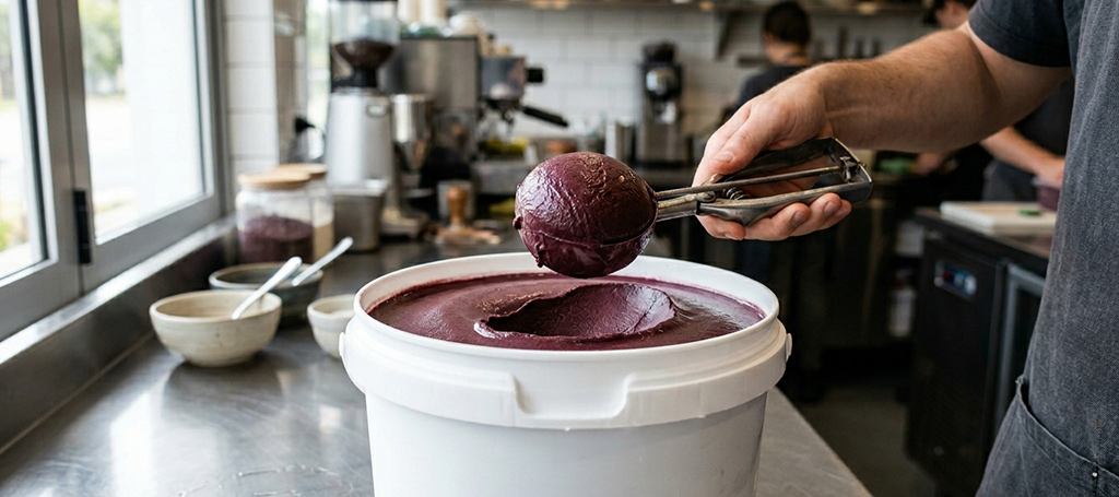 Ready-to-serve Brazilian açaí cream being scooped from a 10kg bucket in a professional café kitchen