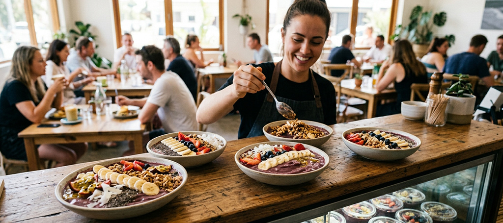 Barista preparing thick and consistent açaí bowls in a busy Australian café using ready-to-serve açaí cream